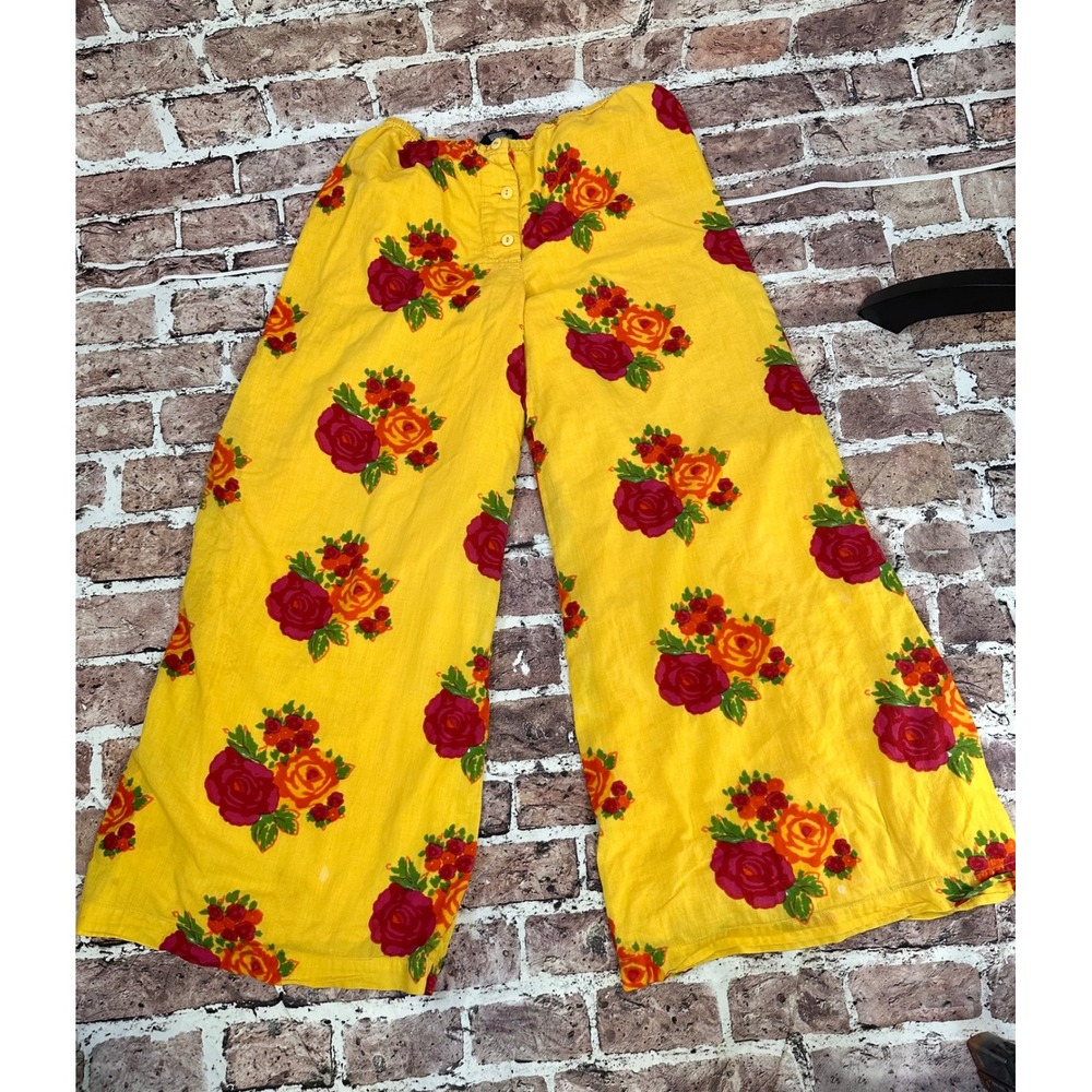 J Peterman‎ Company Yellow Floral Rose Wide Leg Cotton Pants XS Made in India - Picture 3 of 15